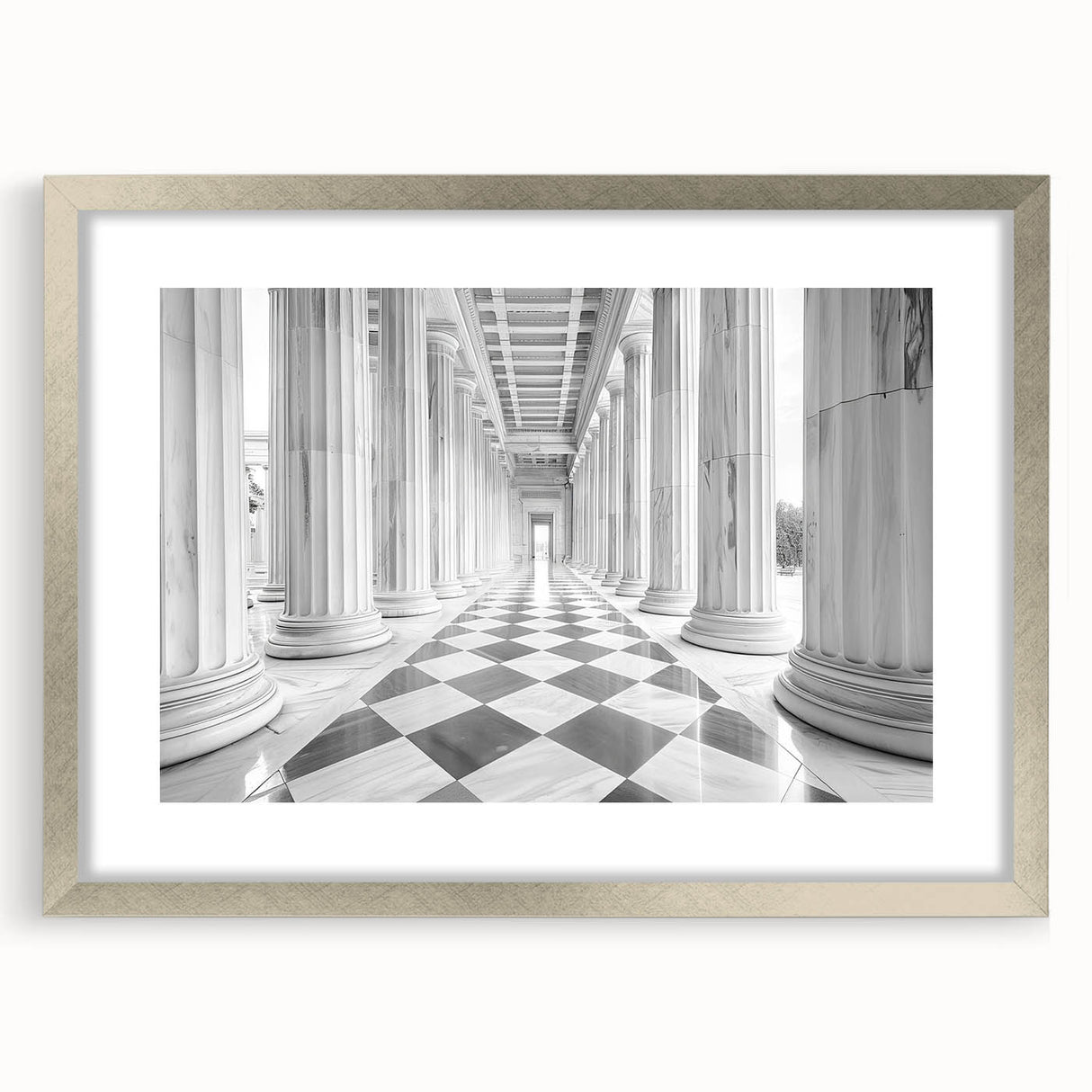 Textured art print featuring abstract columns in muted gray tones, displayed in a silver frame, ideal for bedroom ambiance.