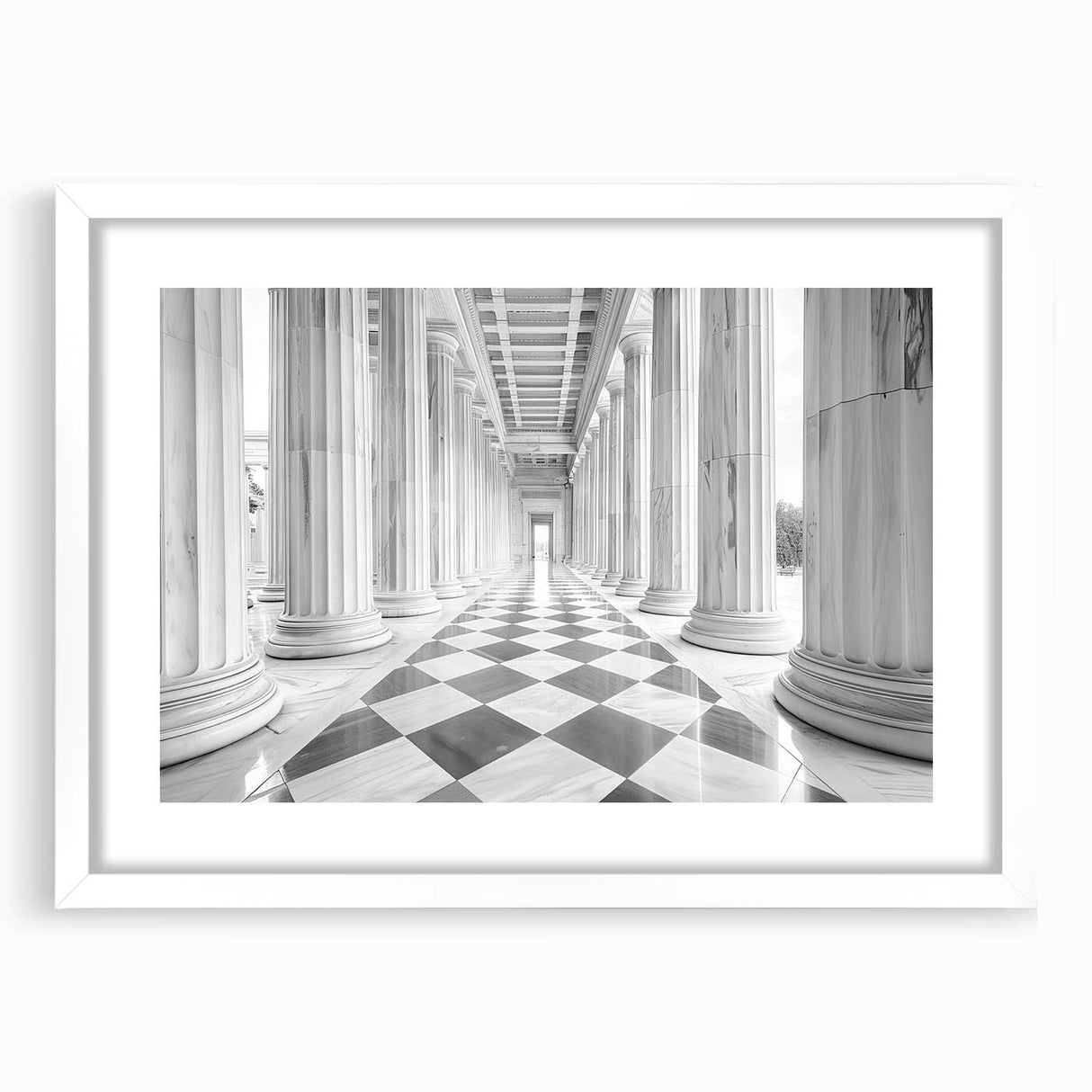 Abstract art print featuring symmetrical columns in muted gray, ideal for dining room decor, framed with a white mat.