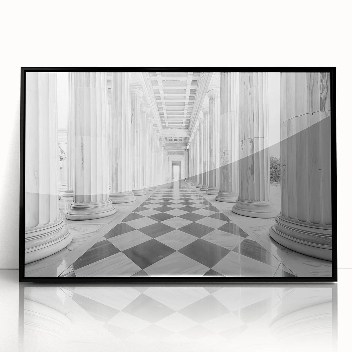 Large abstract wall art of architectural columns in black and white, framed acrylic, ideal for modern art wall decor.
