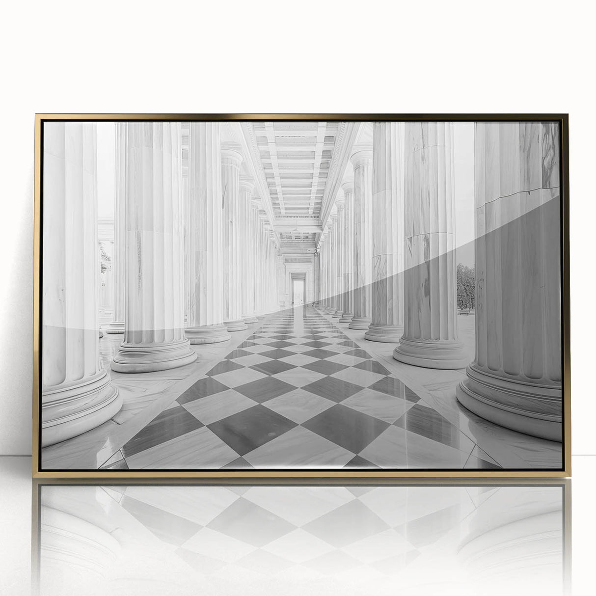 Mid-century modernist acrylic print featuring large art prints of golden architectural columns.
