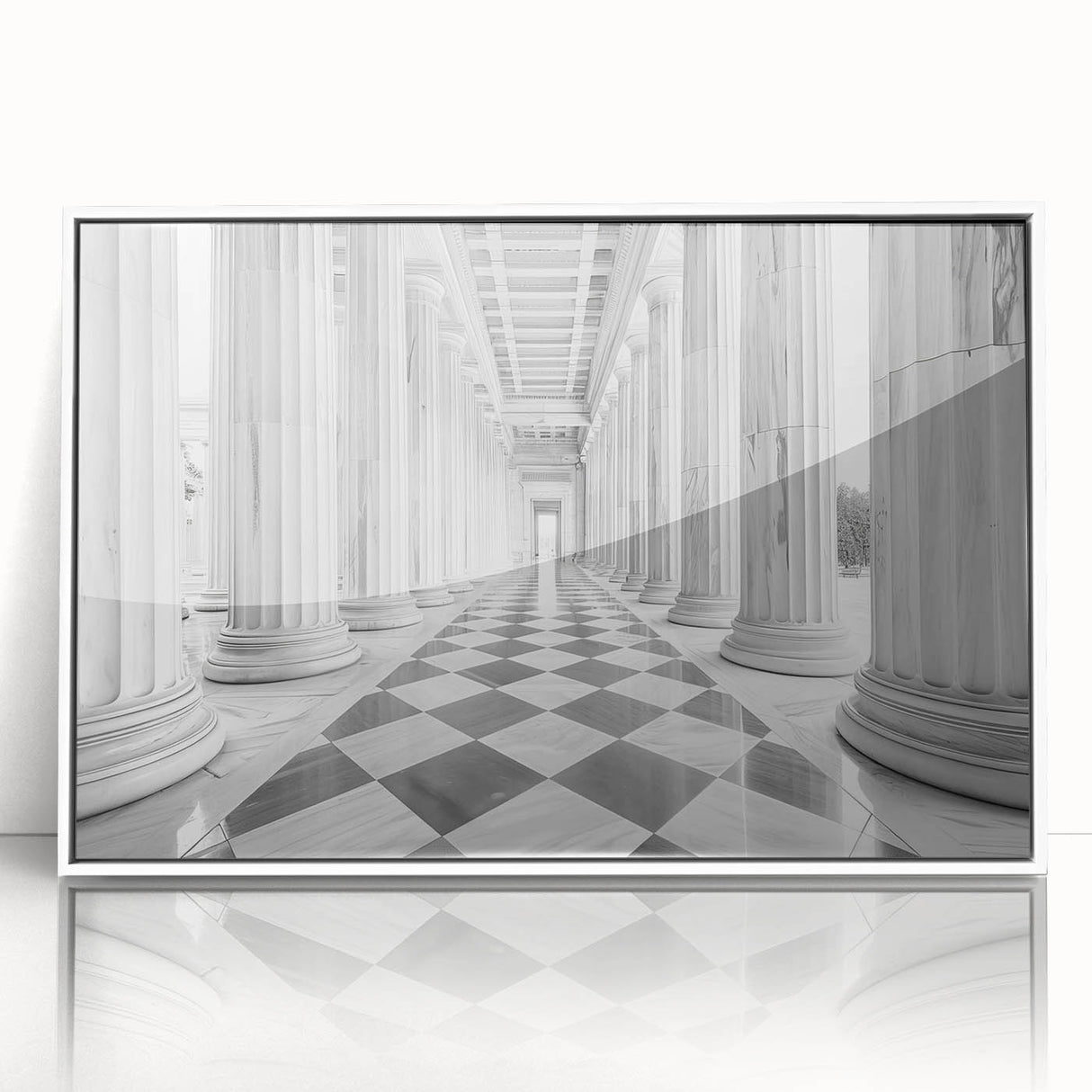 Art deco poster featuring symmetrical column architecture in muted gray, ideal for modern nursery wall art, acrylic framed.