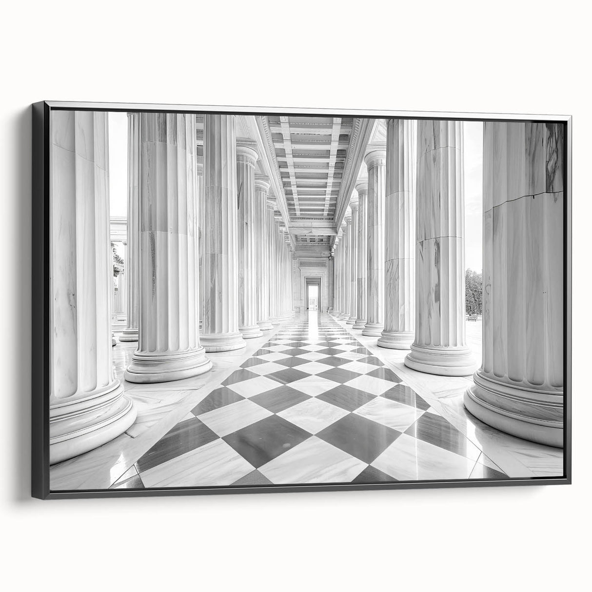 Black and white framed canvas of vintage architectural columns in a landscape format, ideal for bedroom wall art.
