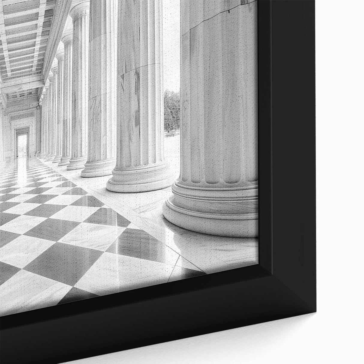 Close-up of black wall art featuring colorful, textured columns design on a framed canvas, ideal for living room decor.