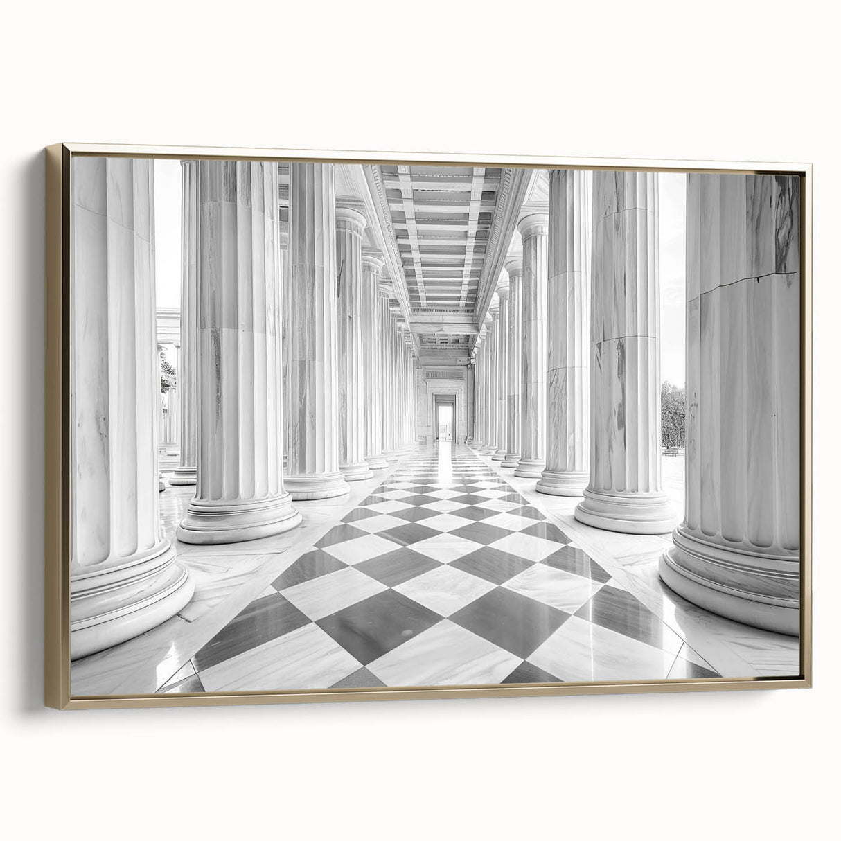 Black and gold vintage poster art of architectural columns on framed canvas, suitable for bedroom decor.