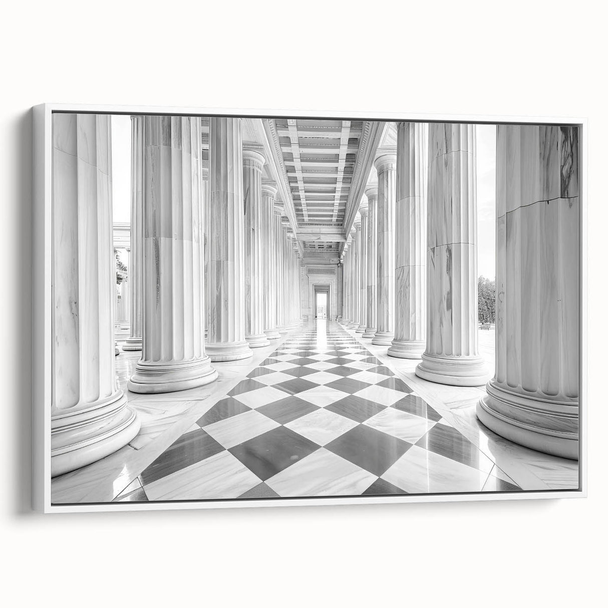 Vintage poster art featuring intricate column architecture in black and colorful accents on a framed canvas.