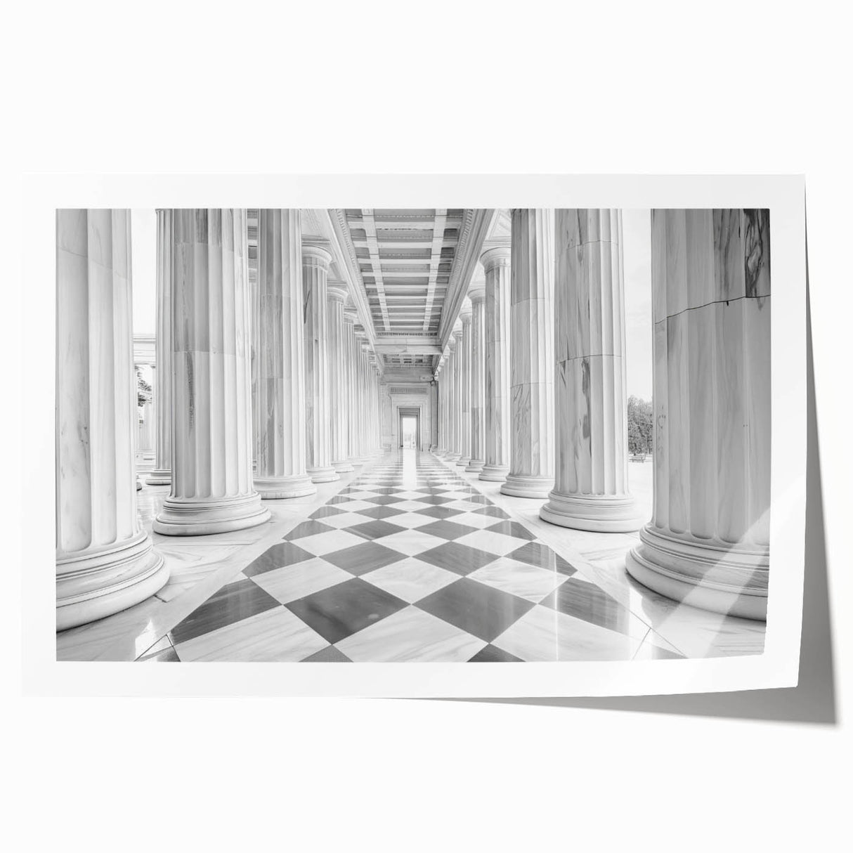 Rolled print of classical architecture with columns in muted beige tones, ideal for art wall in dining room.