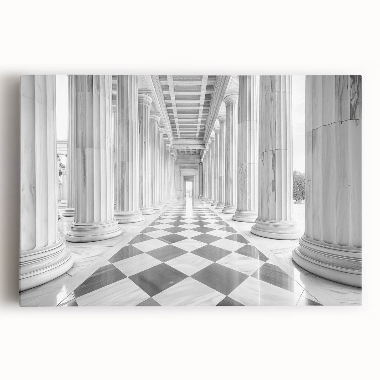 Black and white photo of classical columns on stretched canvas, suitable for kitchen wall art.