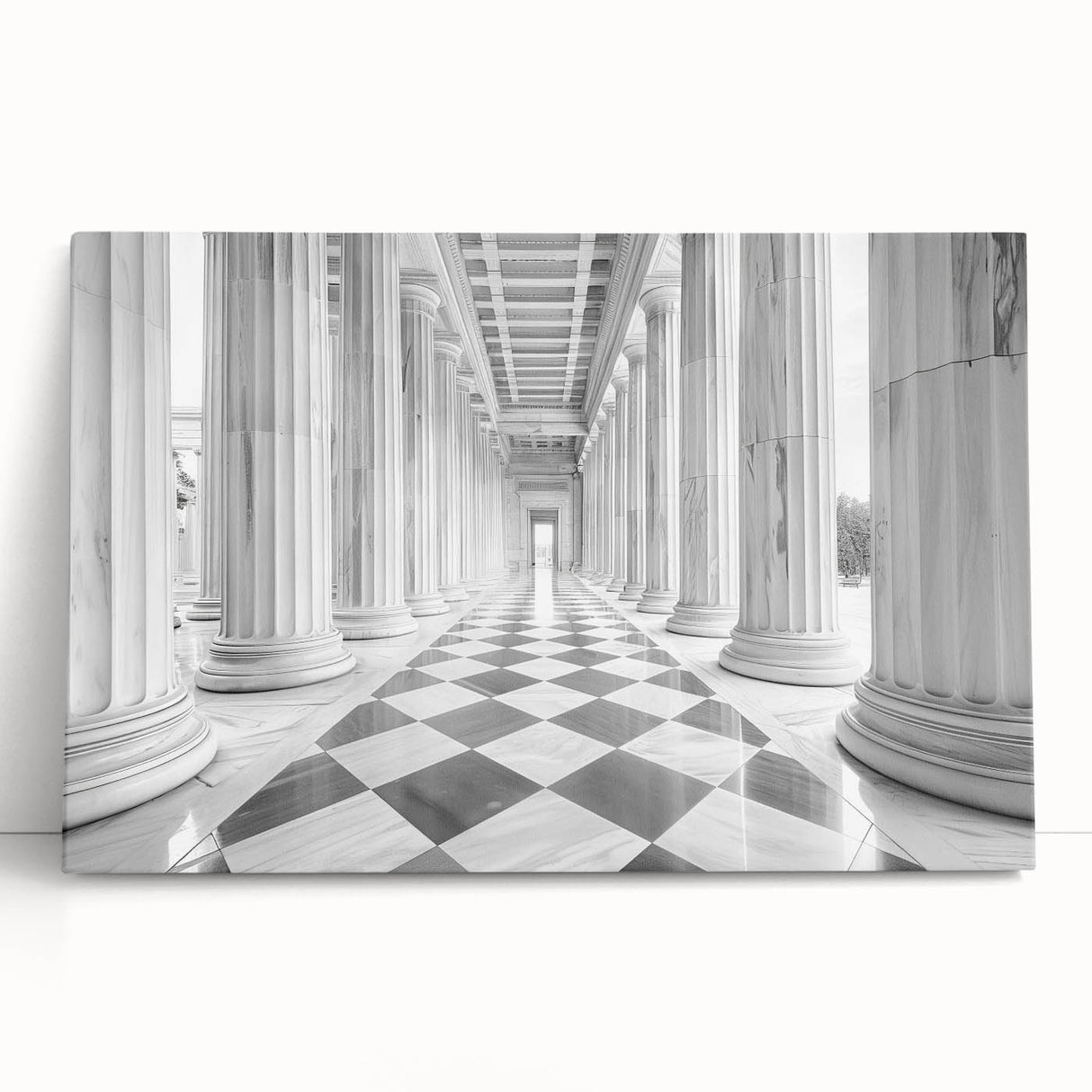 Black and white photo of classical columns on stretched canvas, suitable for kitchen or bedroom wall art.