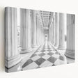 Side view of a large canvas featuring a neoclassical architecture design with detailed columns in monochrome.