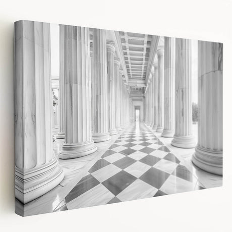 Side view of a large canvas featuring a neoclassical architecture design with detailed columns in monochrome.