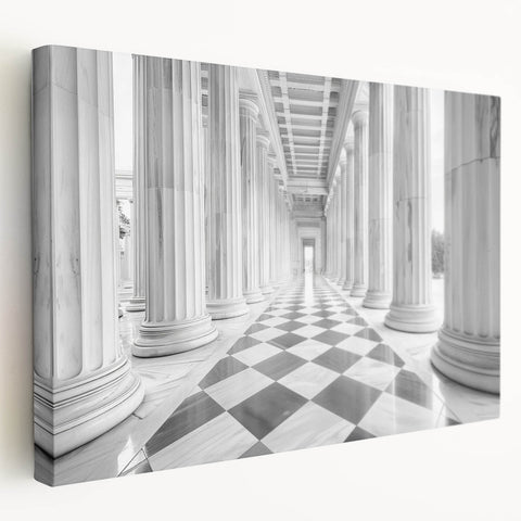Side view of a large canvas featuring a neoclassical architecture design with detailed columns in monochrome.