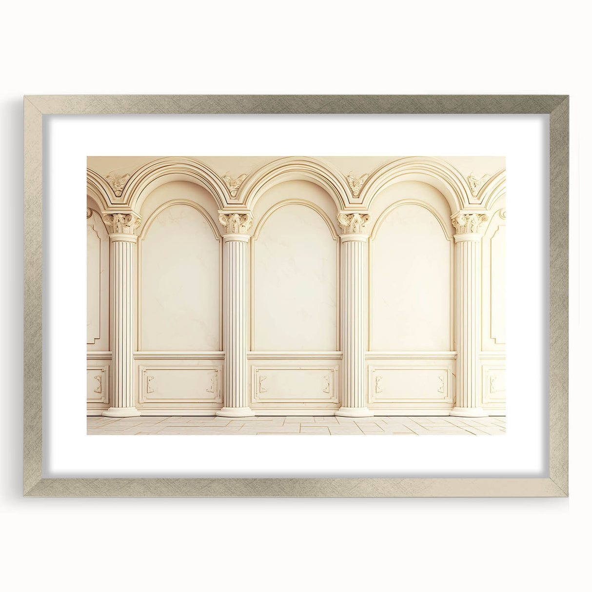 Textured art print of abstract columns in muted gray, framed in silver, ideal for bedroom decor.