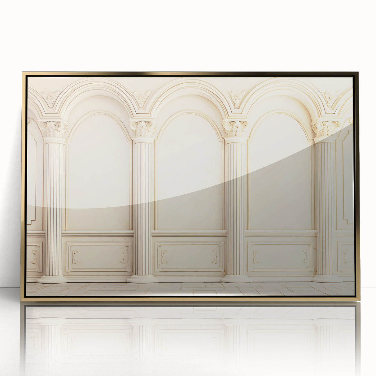 Large art print of mid-century modernist architectural columns in gold tones on acrylic, ideal for modern art wall decor.