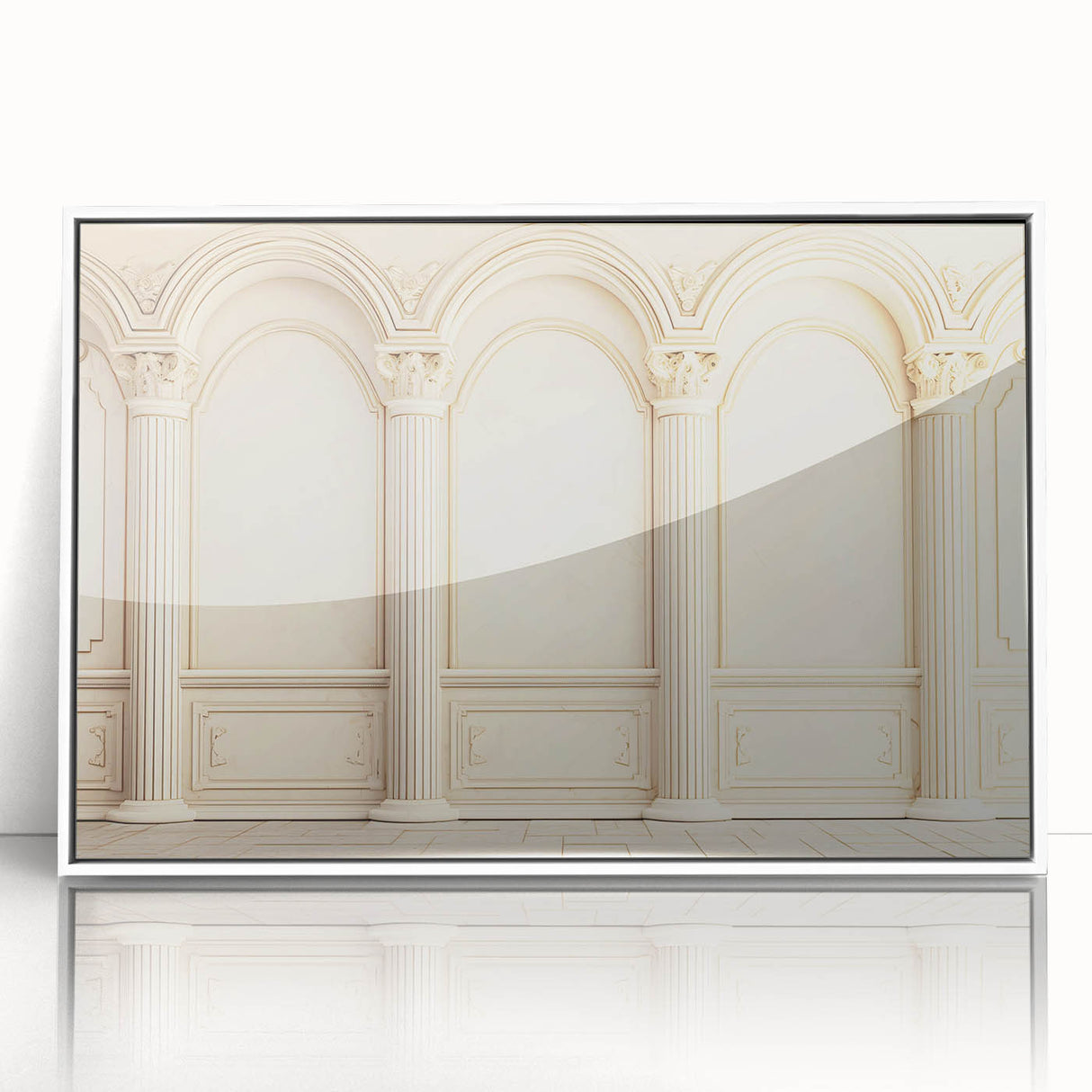 Art deco poster of white columns on a black background, framed in acrylic, suitable for nursery wall art.