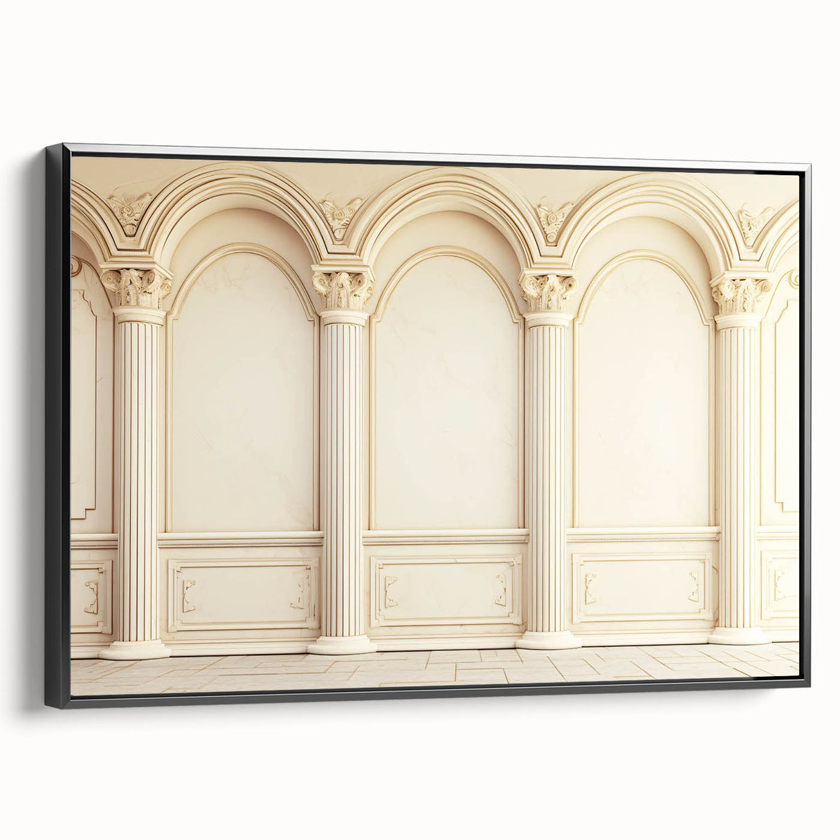 Black and white framed canvas featuring vintage poster art of architectural columns, ideal for bedroom wall decor.