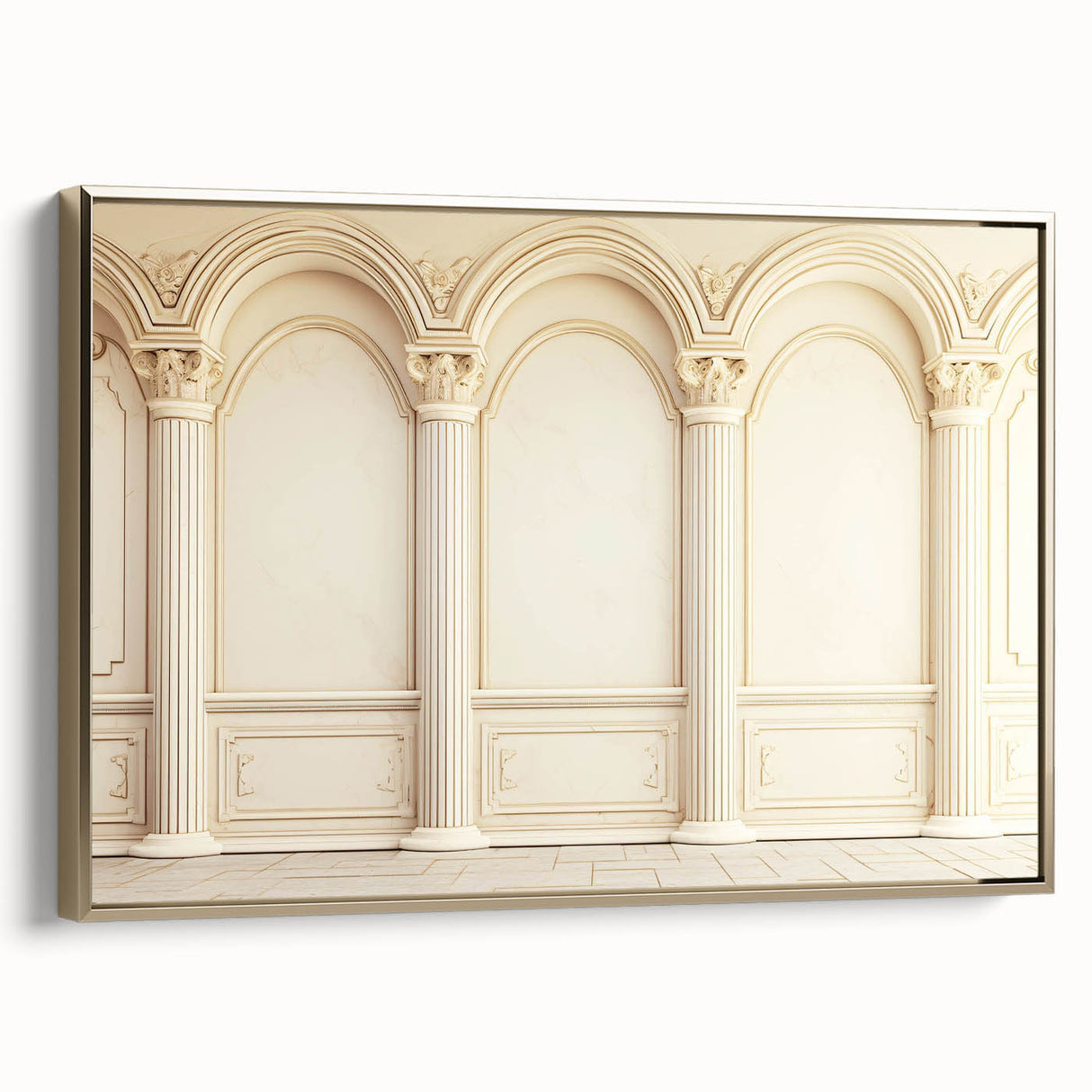 Framed canvas depicting classical architecture columns in black and gold, ideal for bedroom wall art.