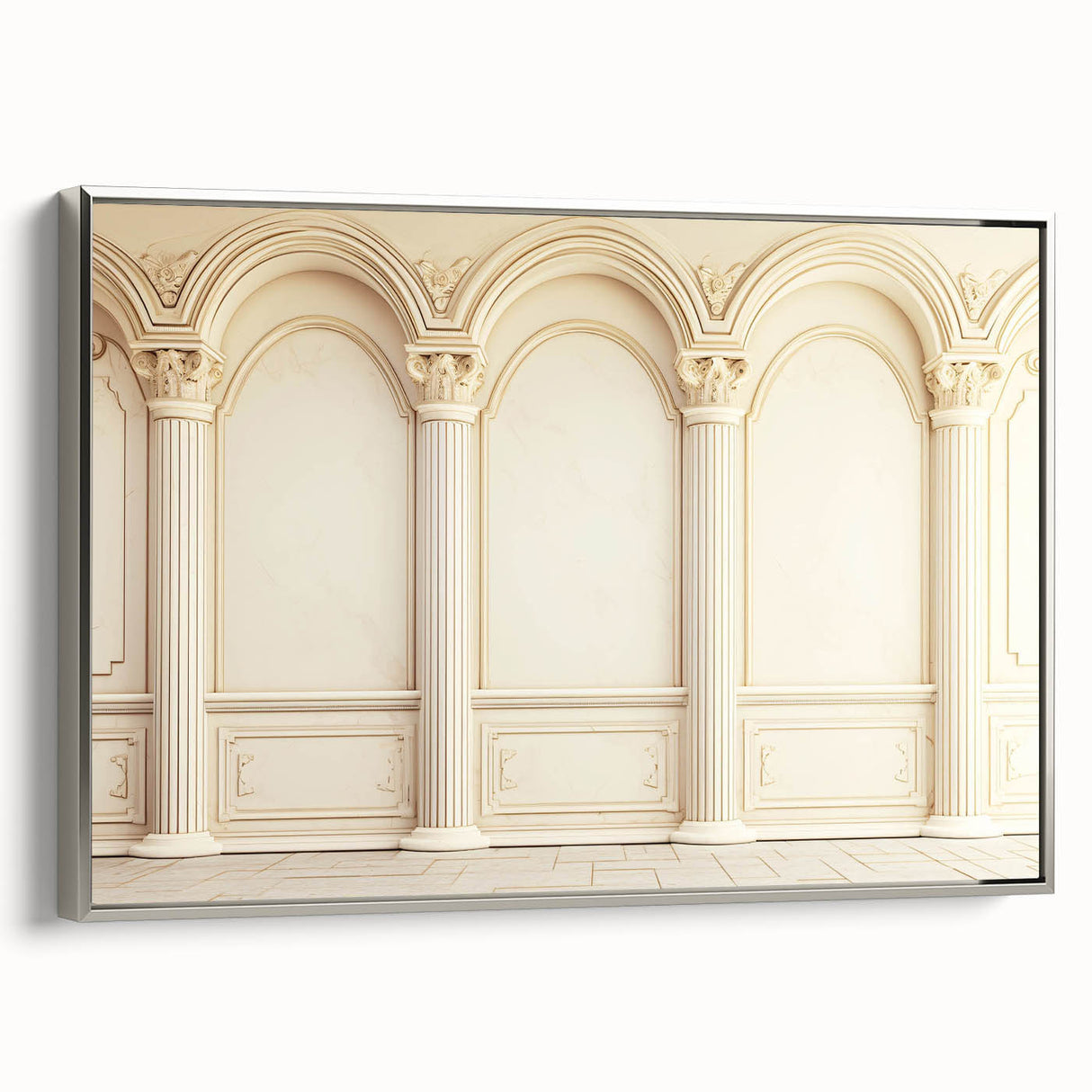 Framed canvas featuring a vintage black and colorful landscape art painting of architectural columns.