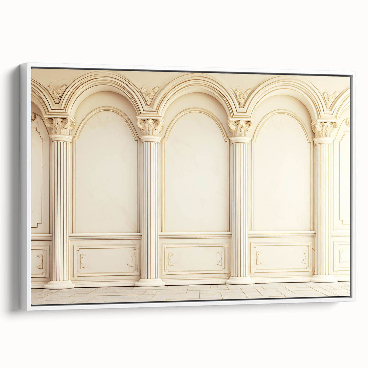 Vintage poster art of classical columns in muted black and white on framed canvas, suited for extra large living room walls.