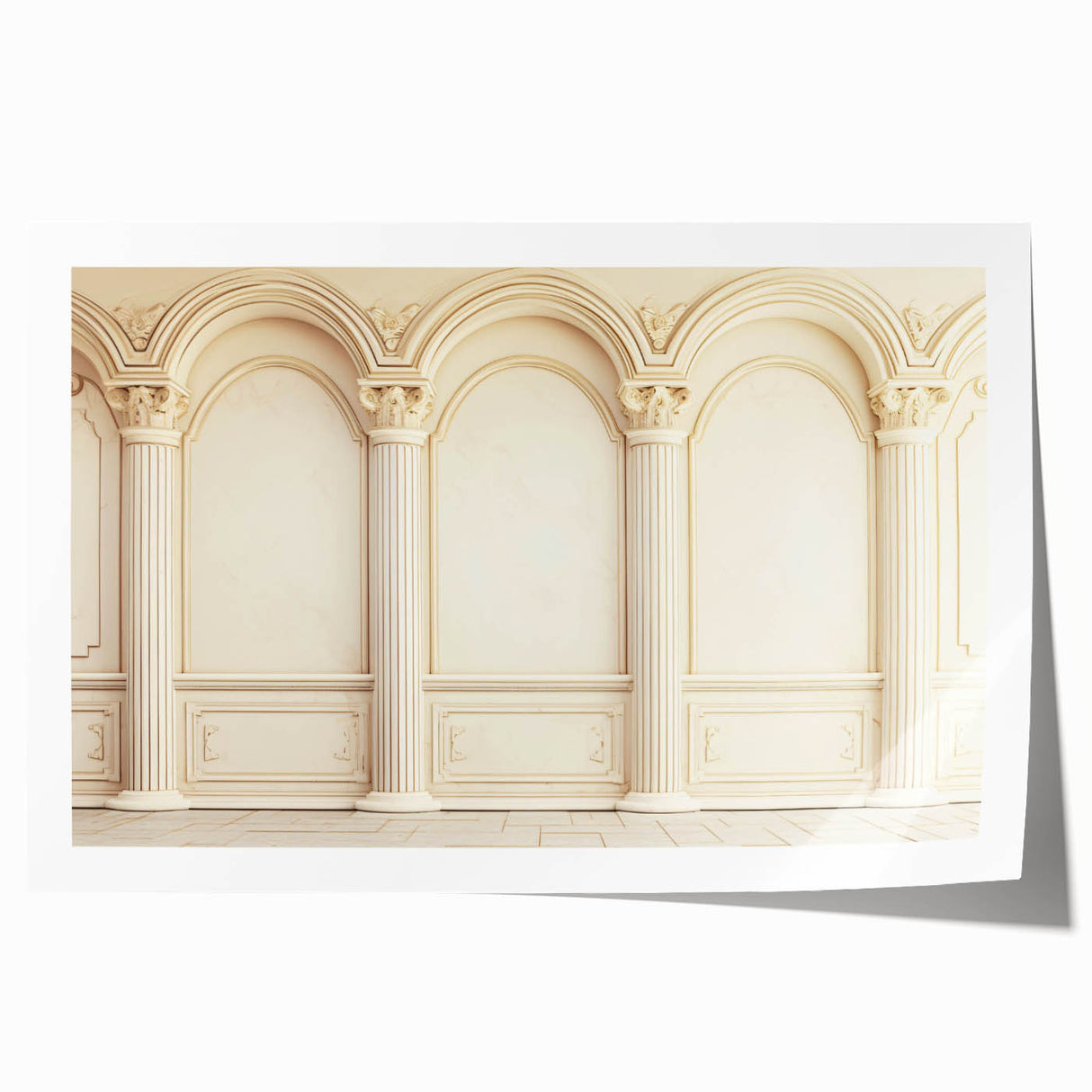 Rolled print of Greco-Roman columns with floral accents in soft pastel shades, suitable for dining room or bathroom decor.