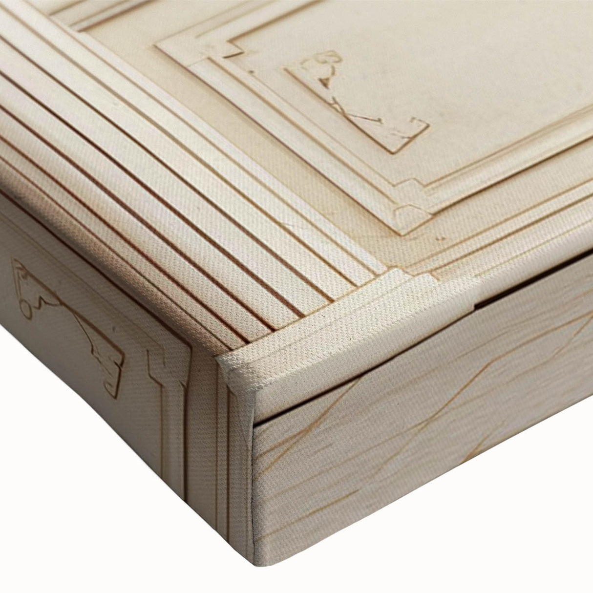 Close-up of a large art piece featuring black and white landscape art paintings of architectural columns on a stretched…