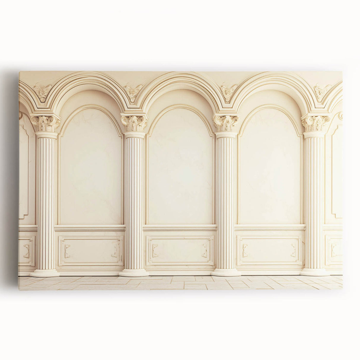 Large black and white photo of classical columns on stretched canvas, suitable for kitchen wall art.