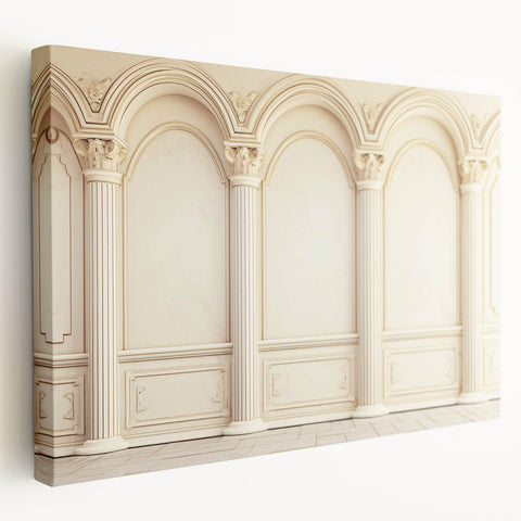 Large art print of classical architecture columns in muted beige tones on stretched canvas, suitable for kitchen wall decor.