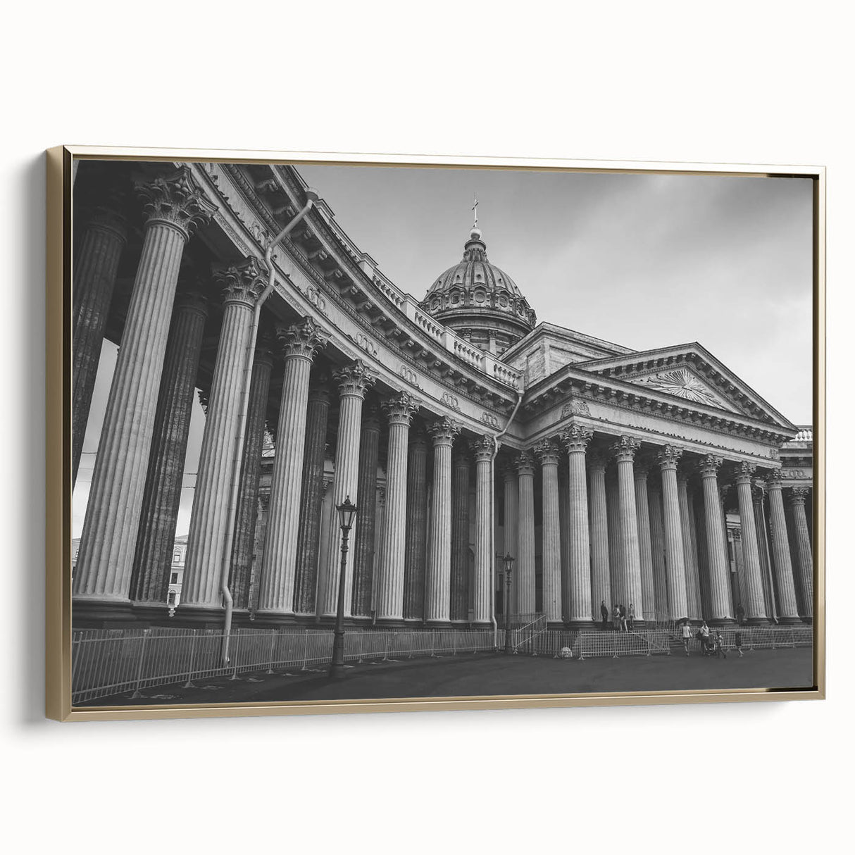 Black and gold vintage poster art of architectural columns on framed canvas, suitable for bedroom wall decor.