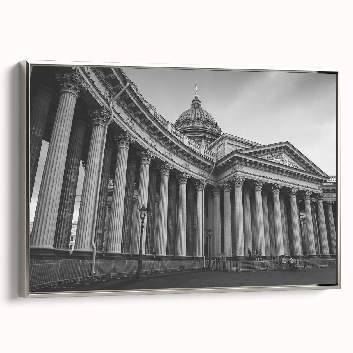 Landscape art painting on framed canvas featuring black and colorful vintage poster art of classical architectural columns.