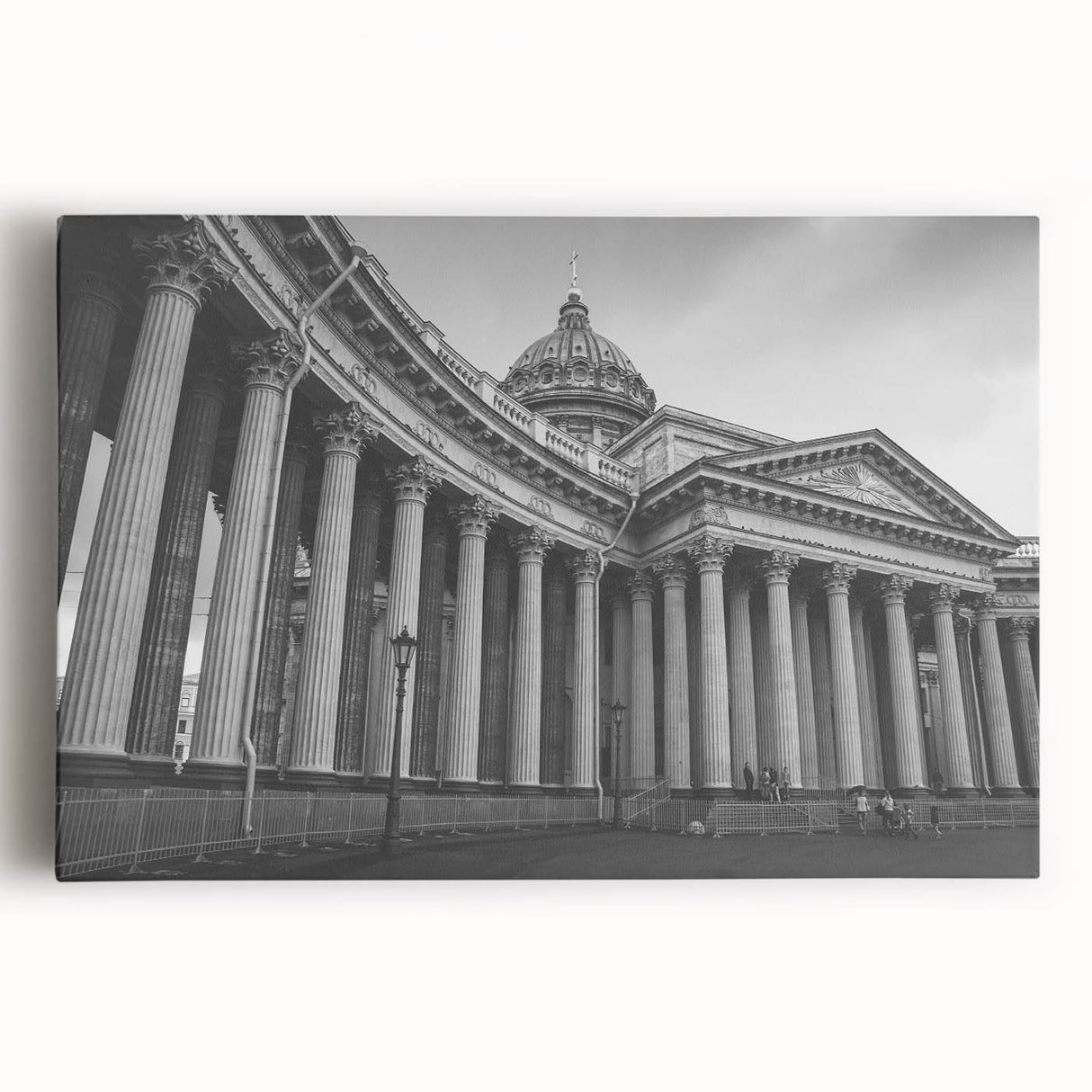 Black and white photo of classical columns on stretched canvas, suitable as large kitchen wall art.
