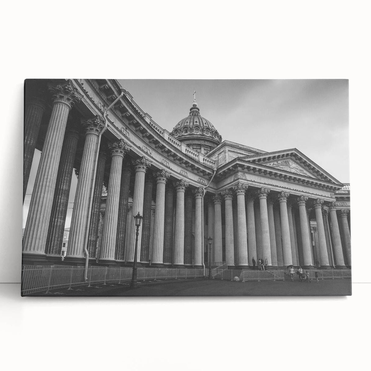 Black and white photo of classical columns on stretched canvas, ideal for kitchen wall art or bedroom decor.