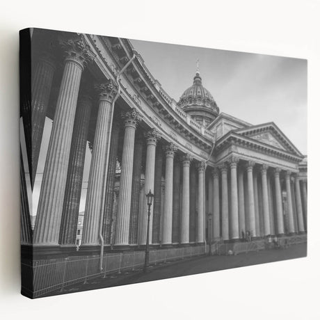 Side view of a large stretched canvas featuring a classical architecture design with detailed columns.