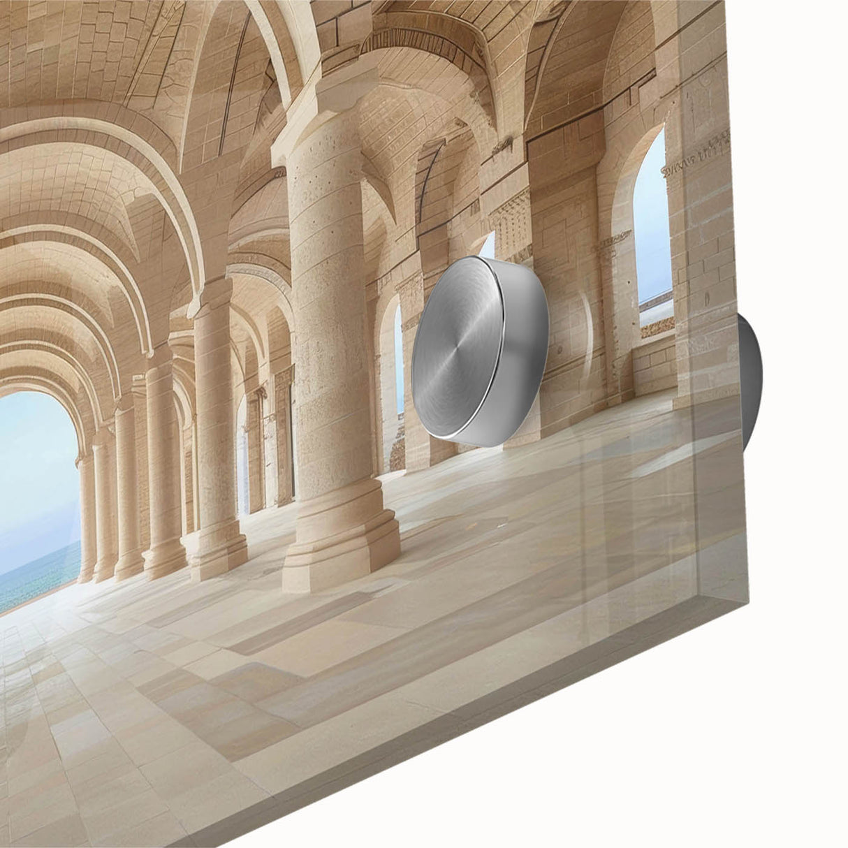 Mid-century modernist abstract art on acrylic glass featuring a pattern of columns in muted earth tones.