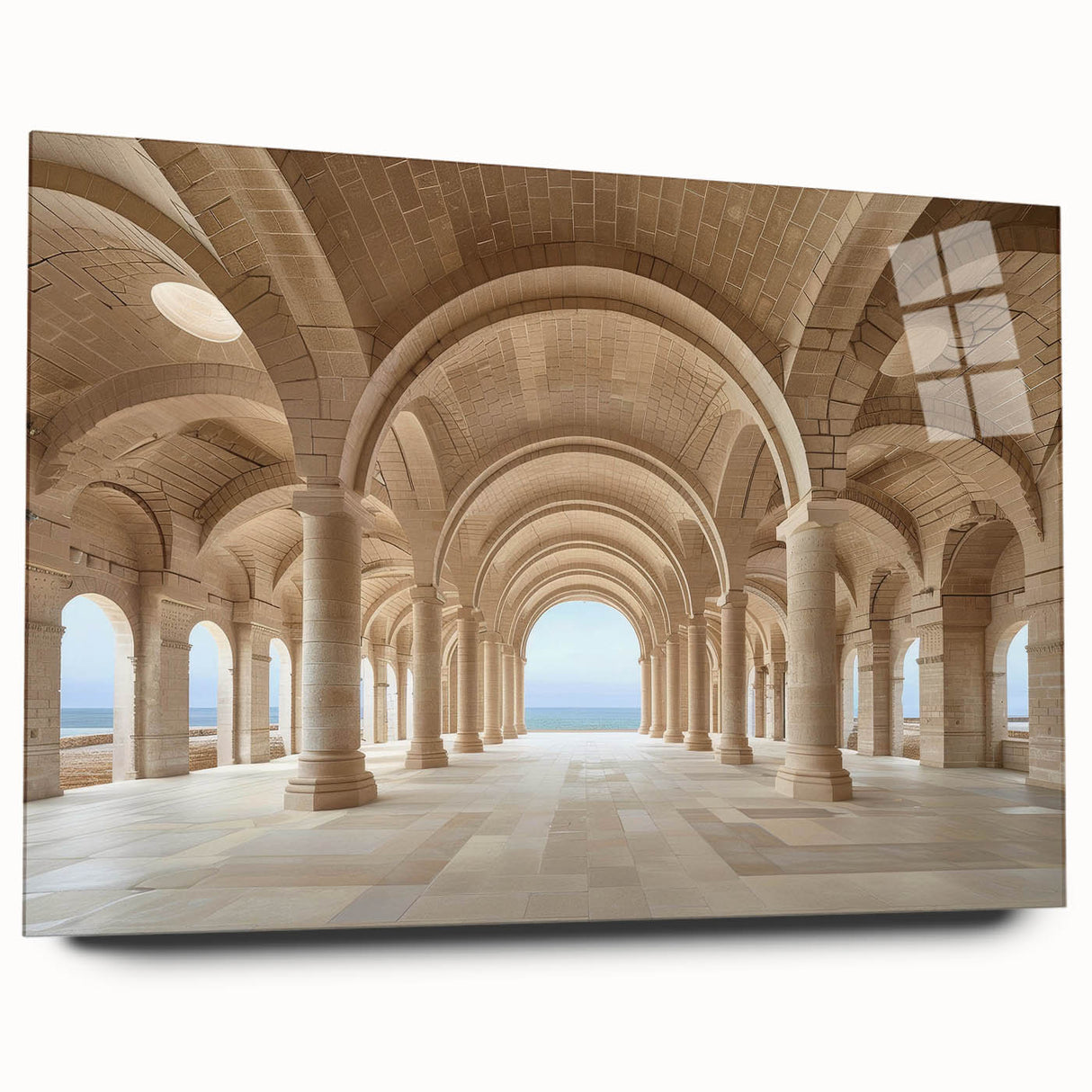 Large abstract wall art on acrylic glass featuring a series of vertical columns in grayscale.