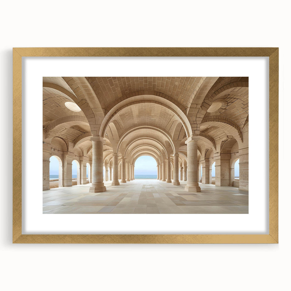 Extra large abstract art print featuring textured columns in muted gold and white, framed, ideal for living room decor.