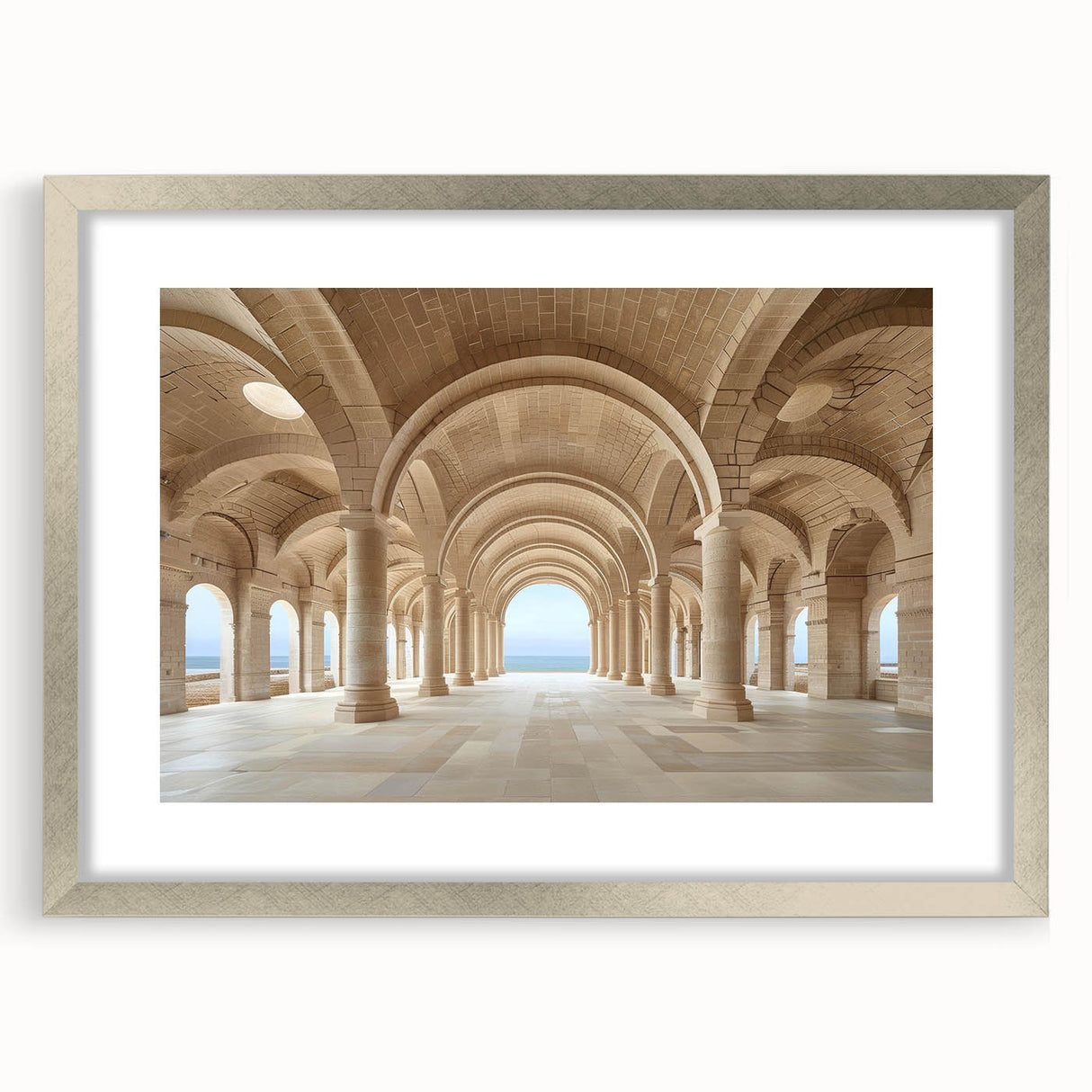 Textured art print of abstract columns in muted gray, framed in silver, ideal for modern bedroom ambiance.