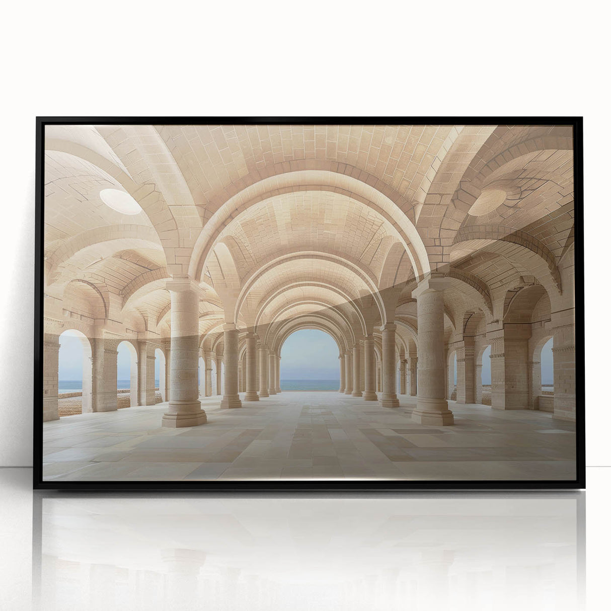 Large abstract wall art featuring black and white architectural columns in a mid-century modernist style on framed acrylic.