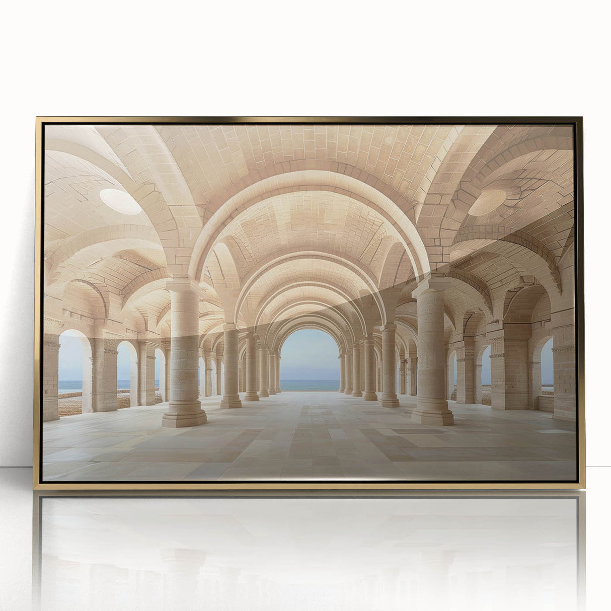 Mid-century modernist framed acrylic print of architectural columns in gold tones, suitable for modern art wall decor.
