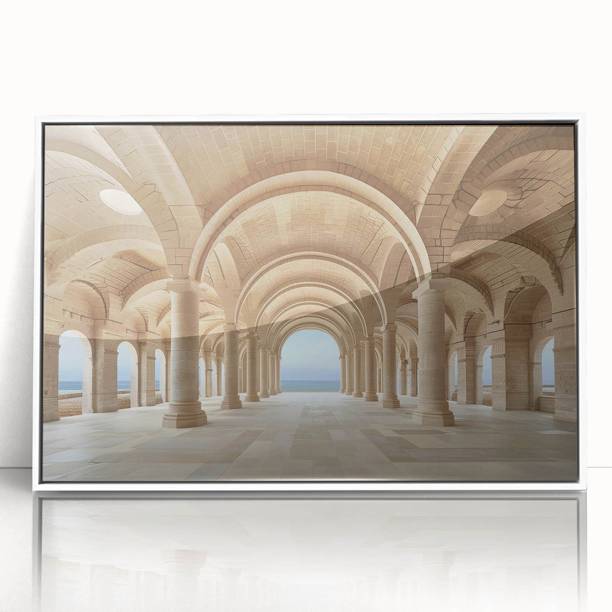 Art deco poster featuring symmetrical column design in monochrome, framed acrylic.