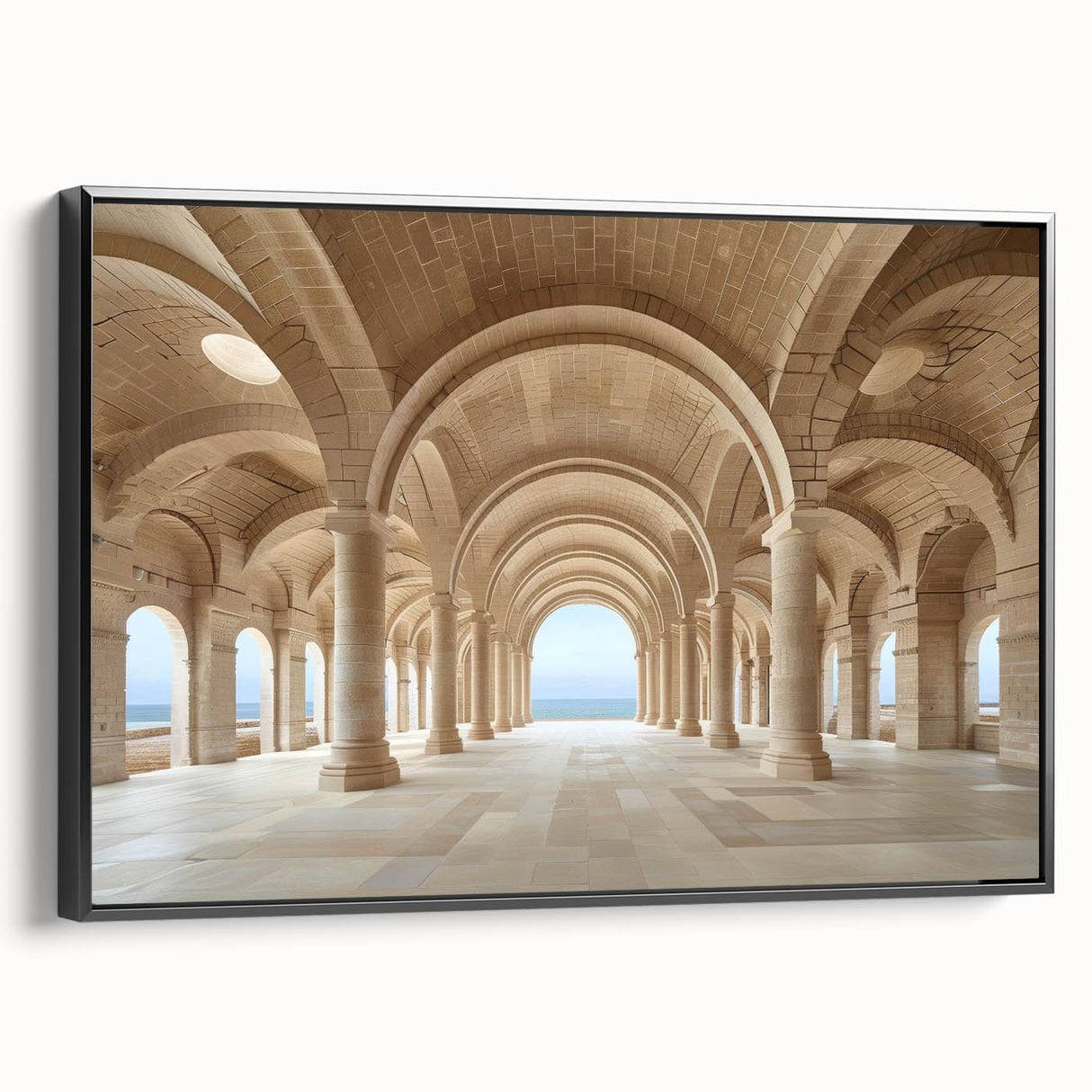 Black and white wall art featuring a vintage poster art style of architectural columns in a landscape format.