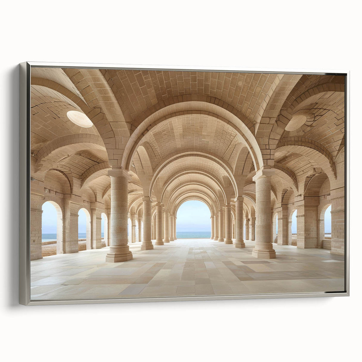 Framed canvas featuring a landscape art painting of classical columns in black with colorful accents, ideal for office decor.