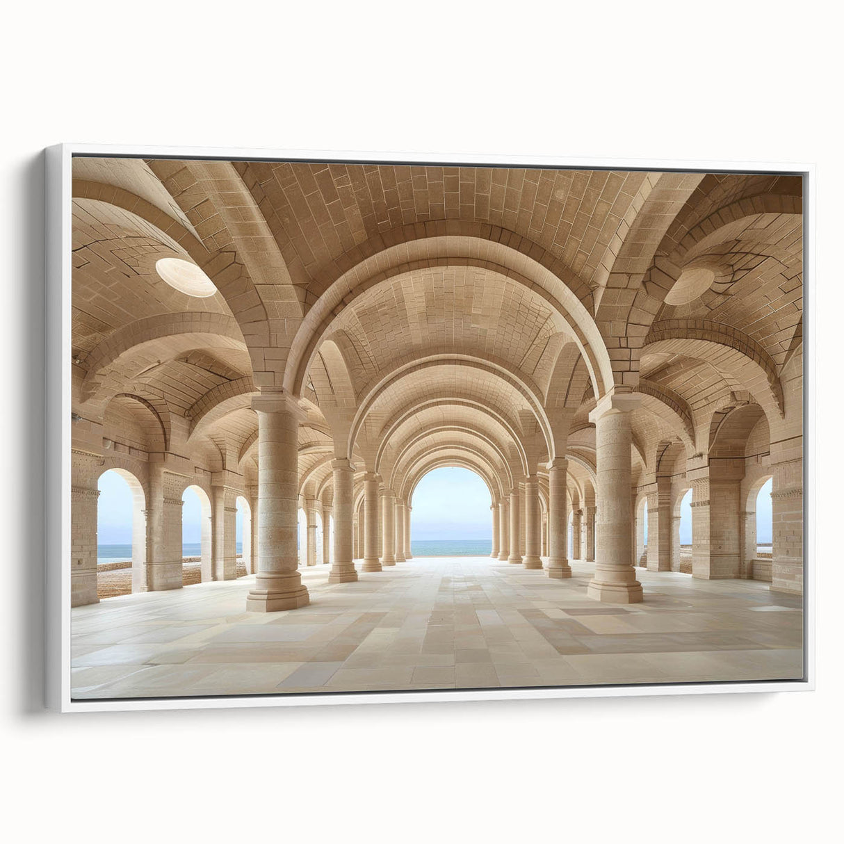 Vintage poster art of classical columns in black and white on a large framed canvas, ideal for living room decor.