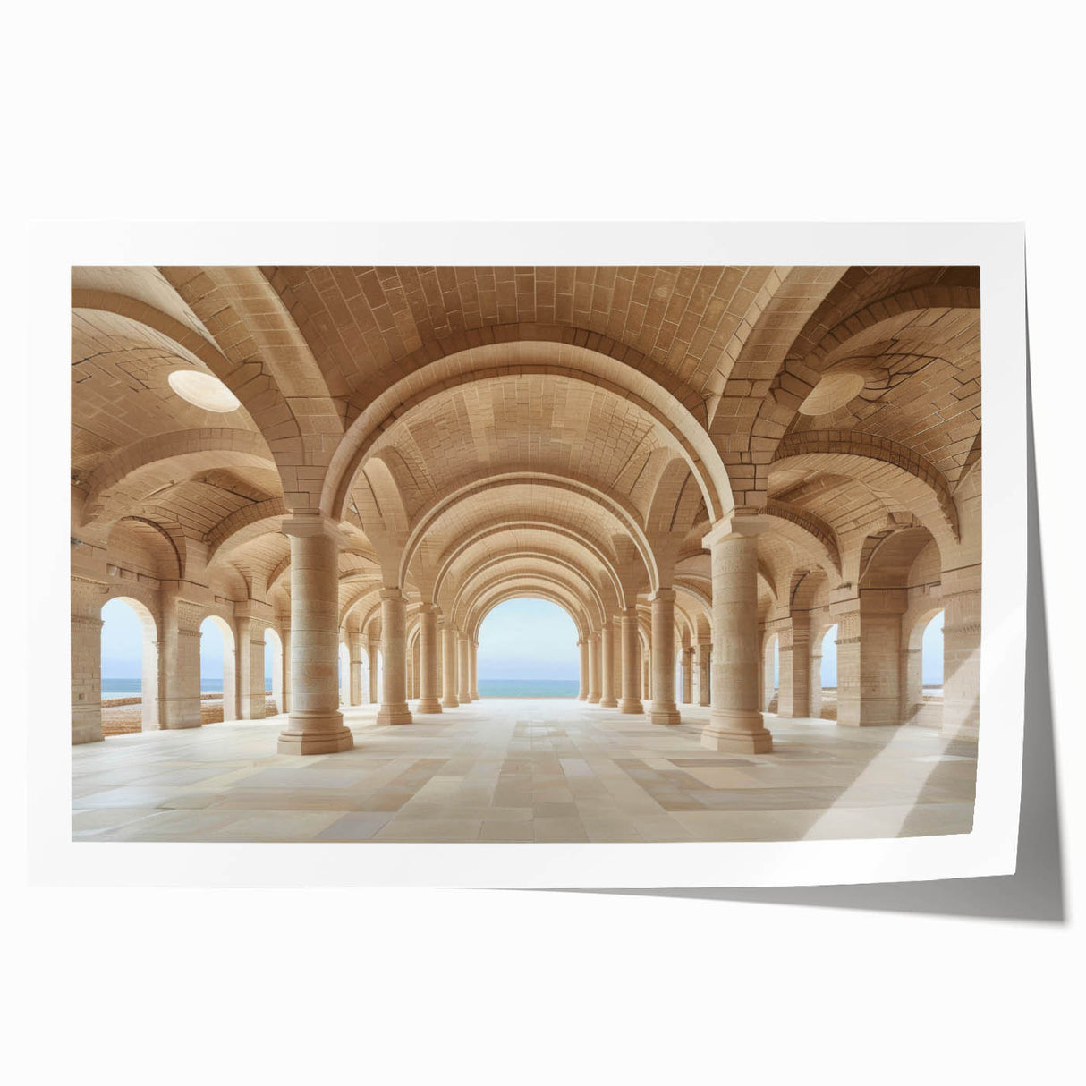 Rolled print of classical architecture with columns in neutral tones, ideal for art wall dining room decor.