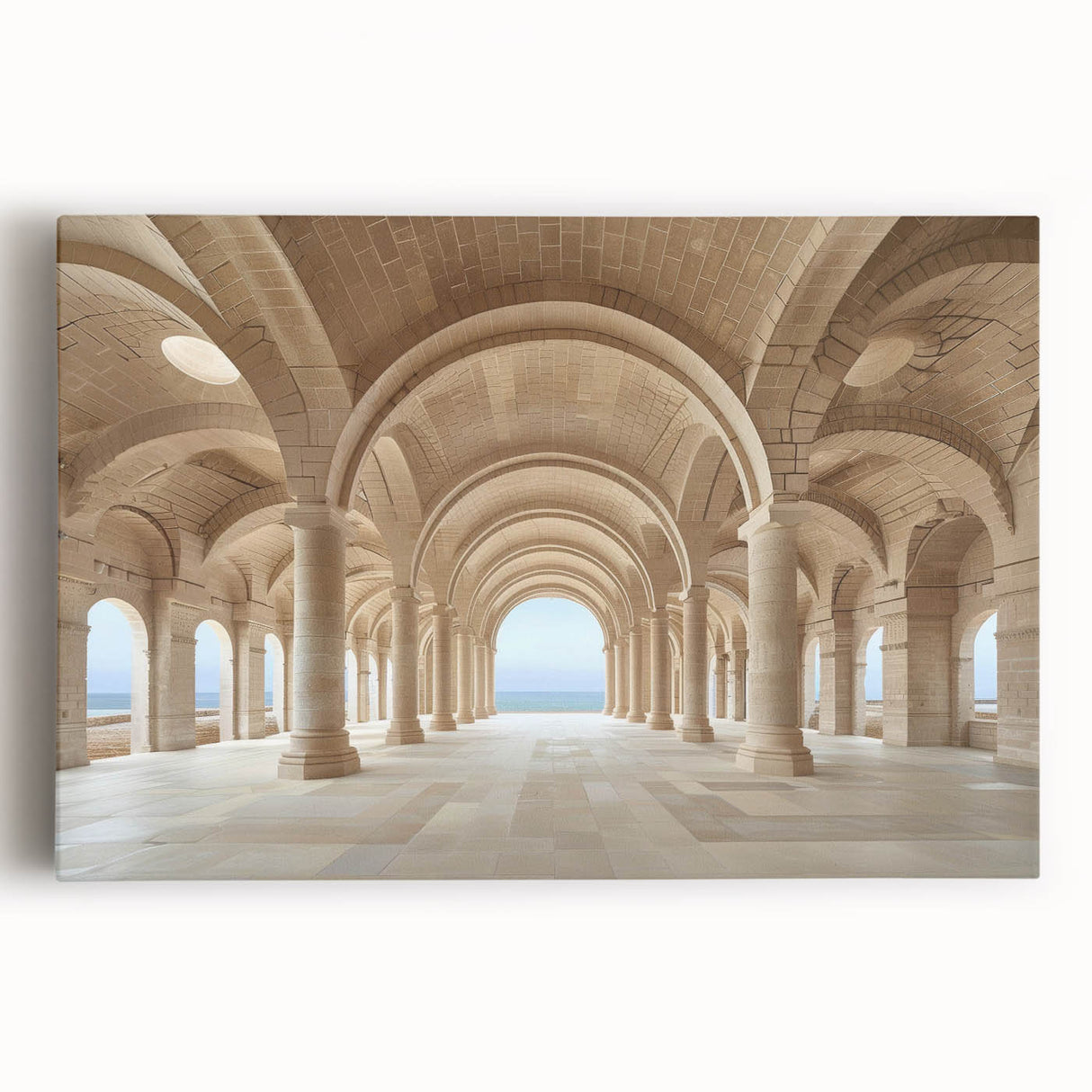 Black and white photo of classical columns on a stretched canvas, ideal for kitchen wall art.