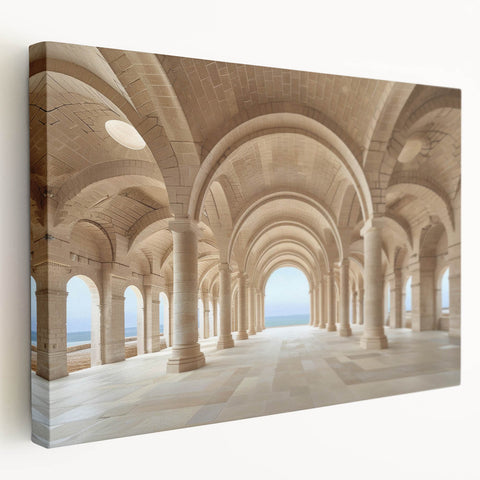 Side view of a large stretched canvas featuring a grayscale architectural column design, suitable for kitchen wall art.