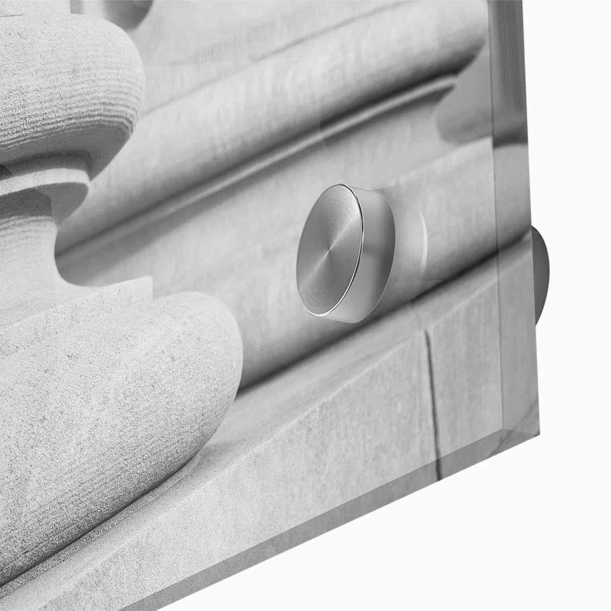 Large abstract wall art featuring mid-century modernist columns in muted beige tones, acrylic glass print.