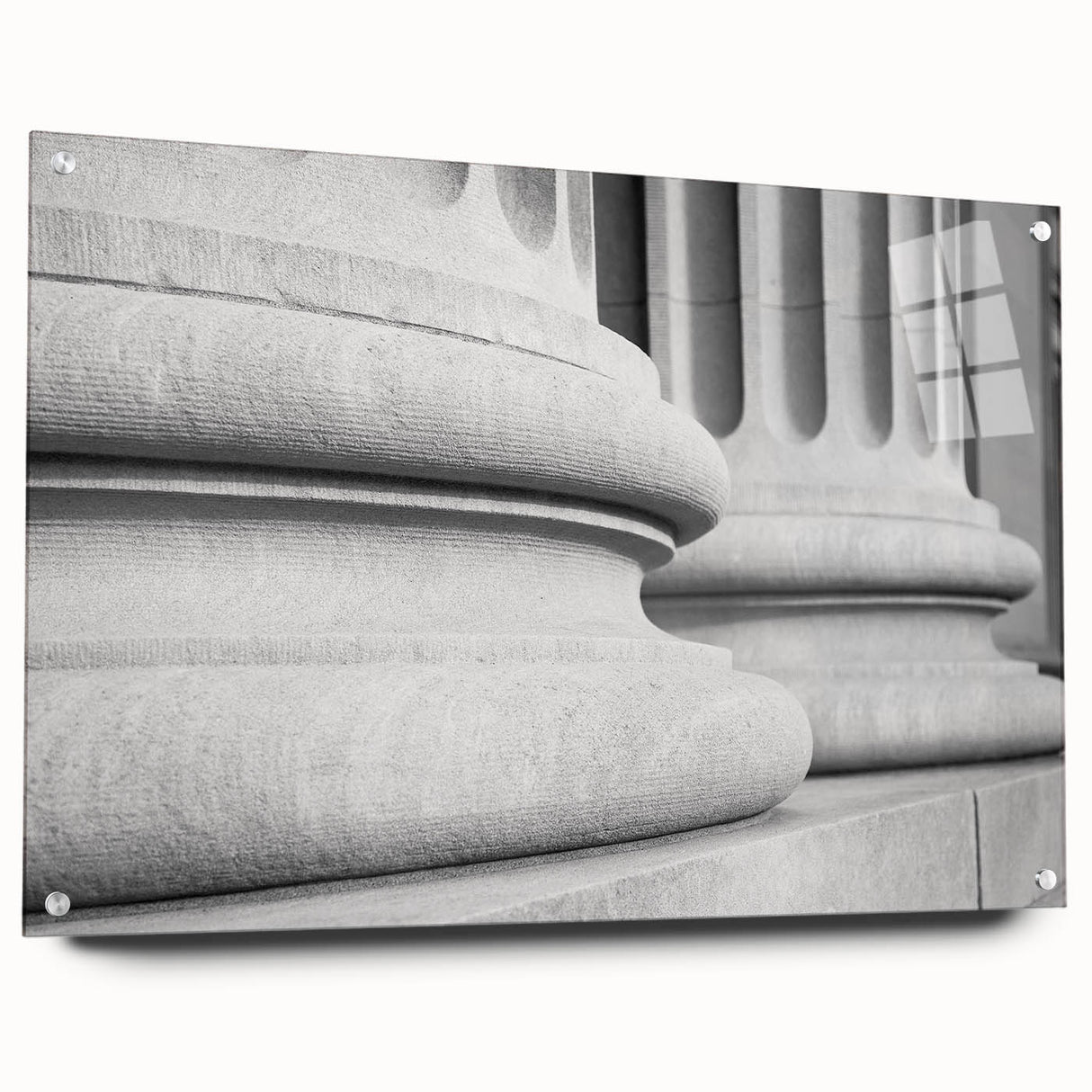 Large abstract wall art on acrylic glass featuring monochromatic columns, ideal for modern dining room decor.