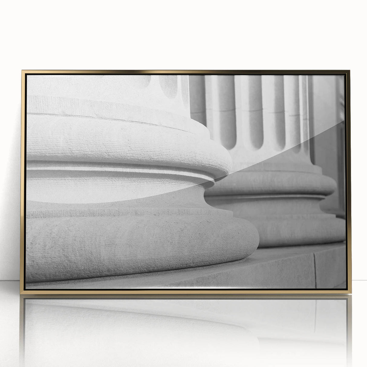 Large art print of mid-century modernist columns in gold tones on acrylic, ideal for modern art wall decor.