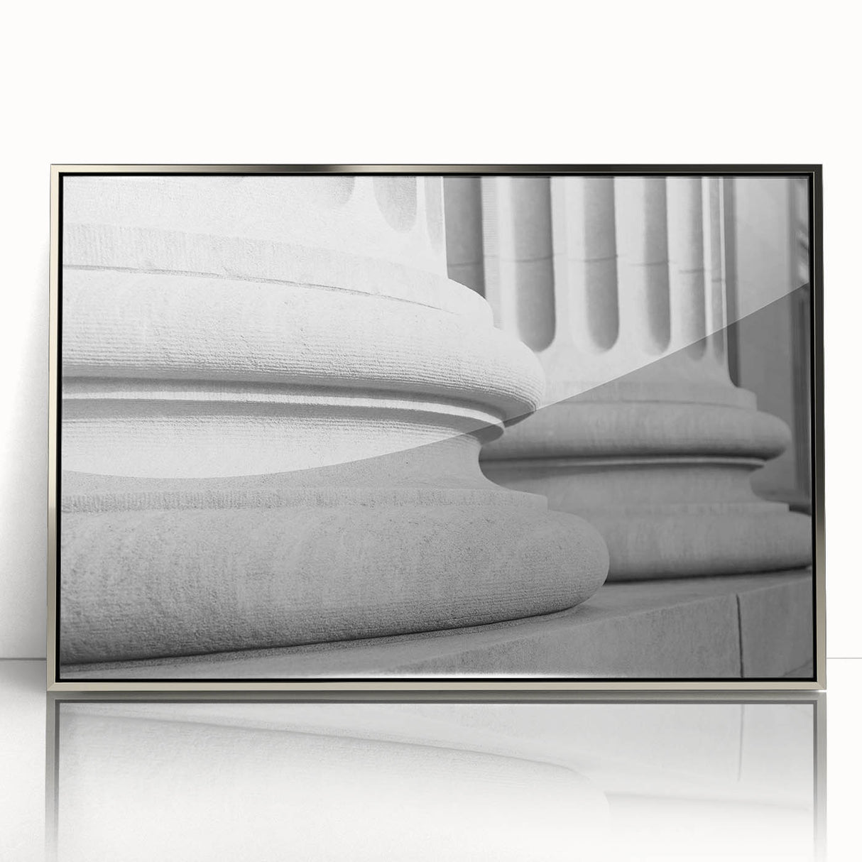 Mid-century modernist art featuring silver acrylic framed architecture columns in neutral tones.