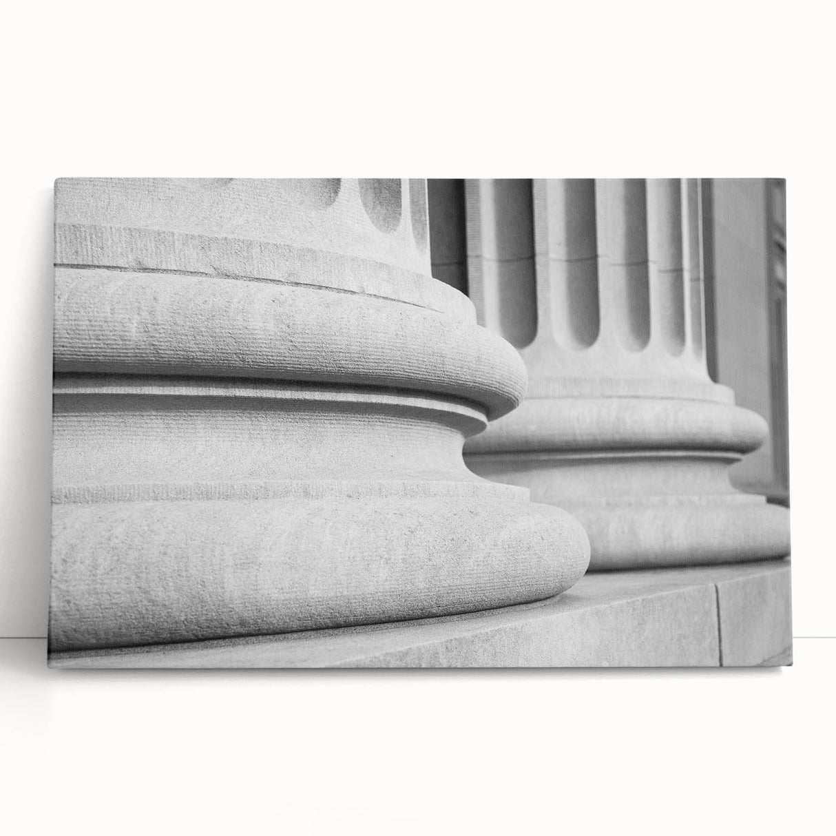 Black and white photograph of classical columns on stretched canvas, suitable as large kitchen wall art or bedroom decor.