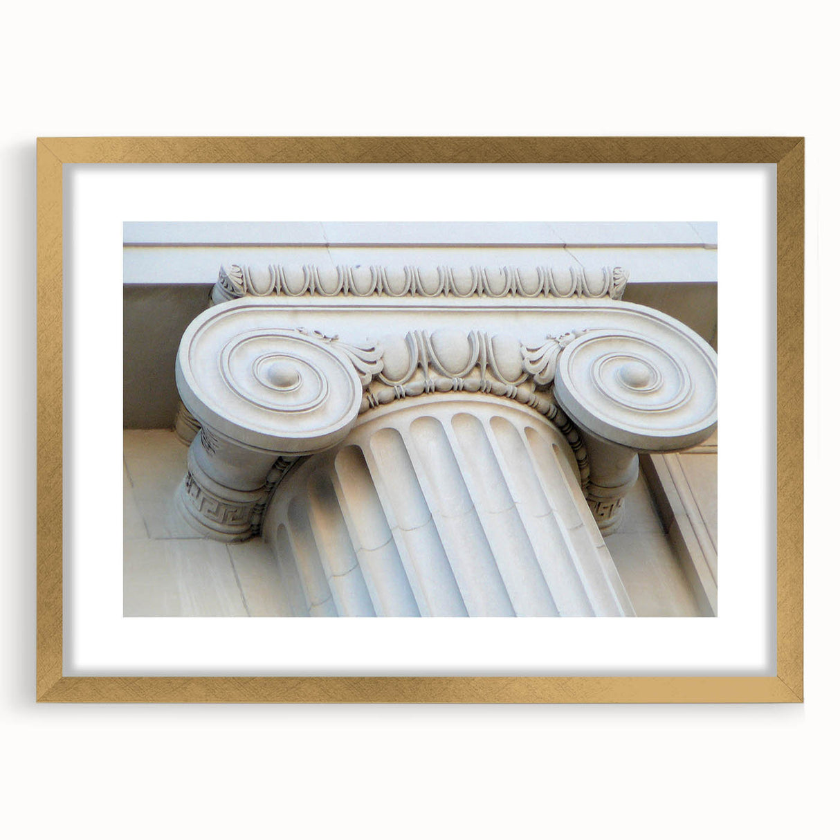 Extra large abstract art print featuring textured columns in muted earth tones, framed in gold, ideal for living room decor.